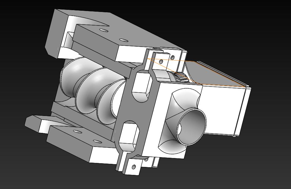 An image displaying the CAD of the hopper mechanism of the robot. It is a lead screw designed to pull the sphereical shot into the pitching mechanism.